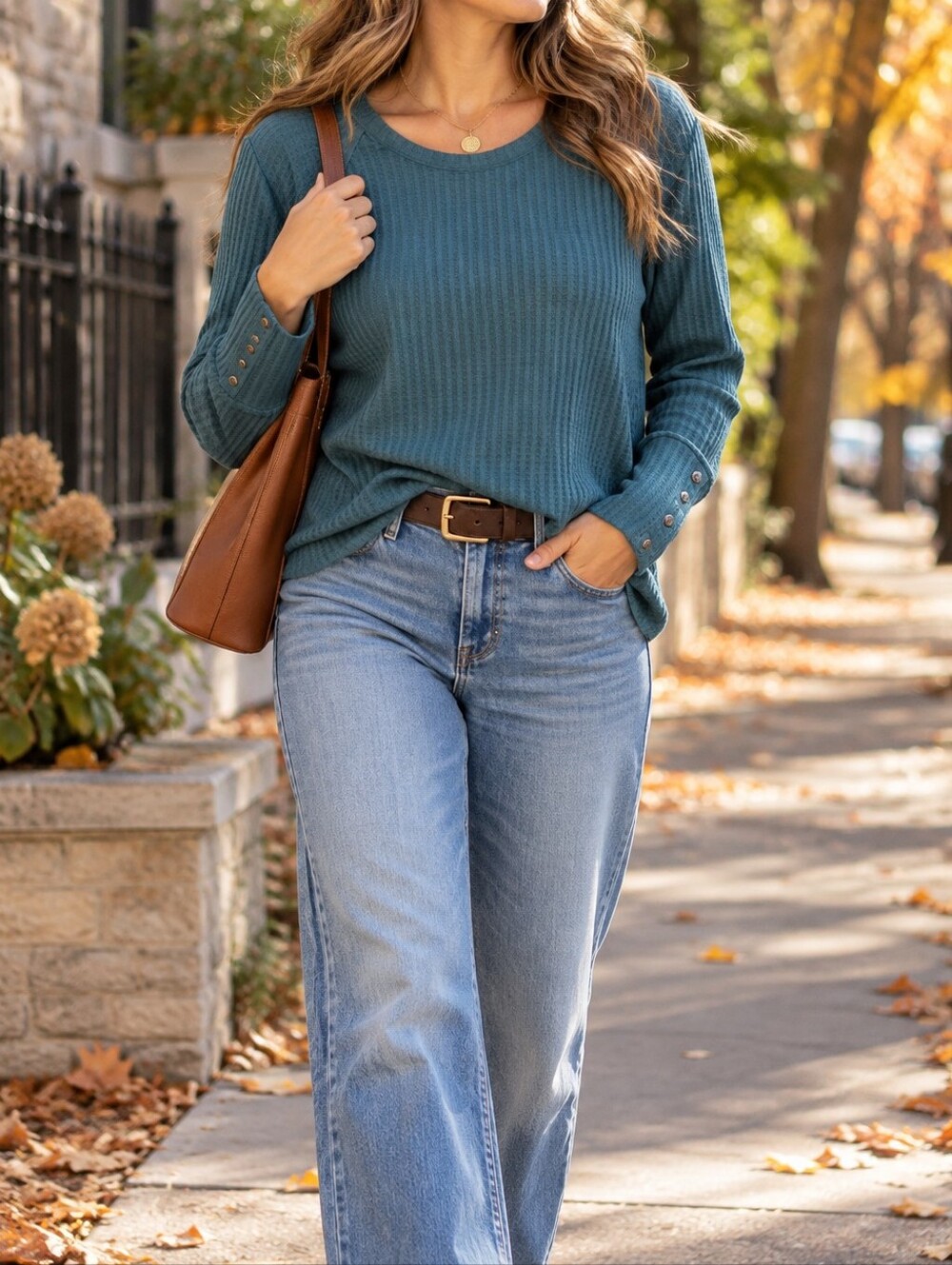 Chaser Teal Ribbed Waffle Knit Long Sleeve Tee Button Cuff Stretch Casual